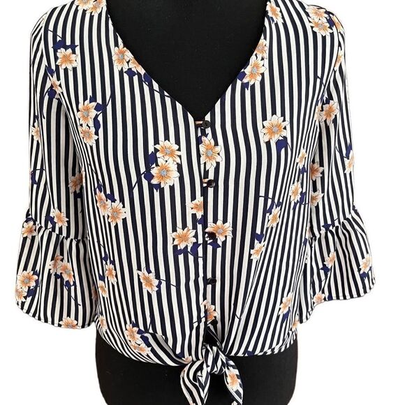 Sienna Sky Tops - Sienna Sky navy blue/white striped tie front floral top size S